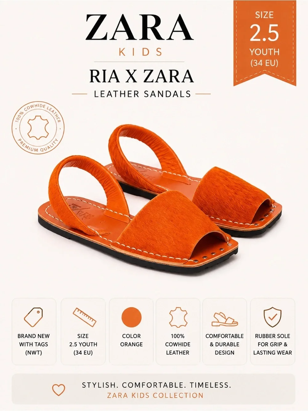 Zara Kids RIA x Zara Orange Leather Sandals Size 2.5 Youth EU 34 NWT